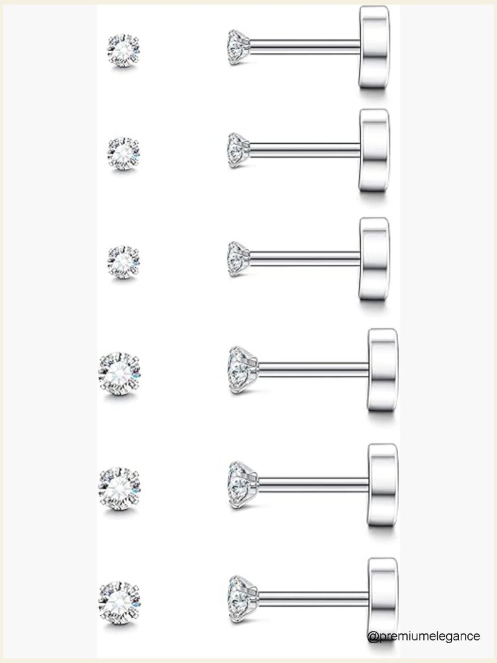 Hypoallergenic Stainless Steel Flat Back Stud Earrings Set of 6 Pairs Cubic